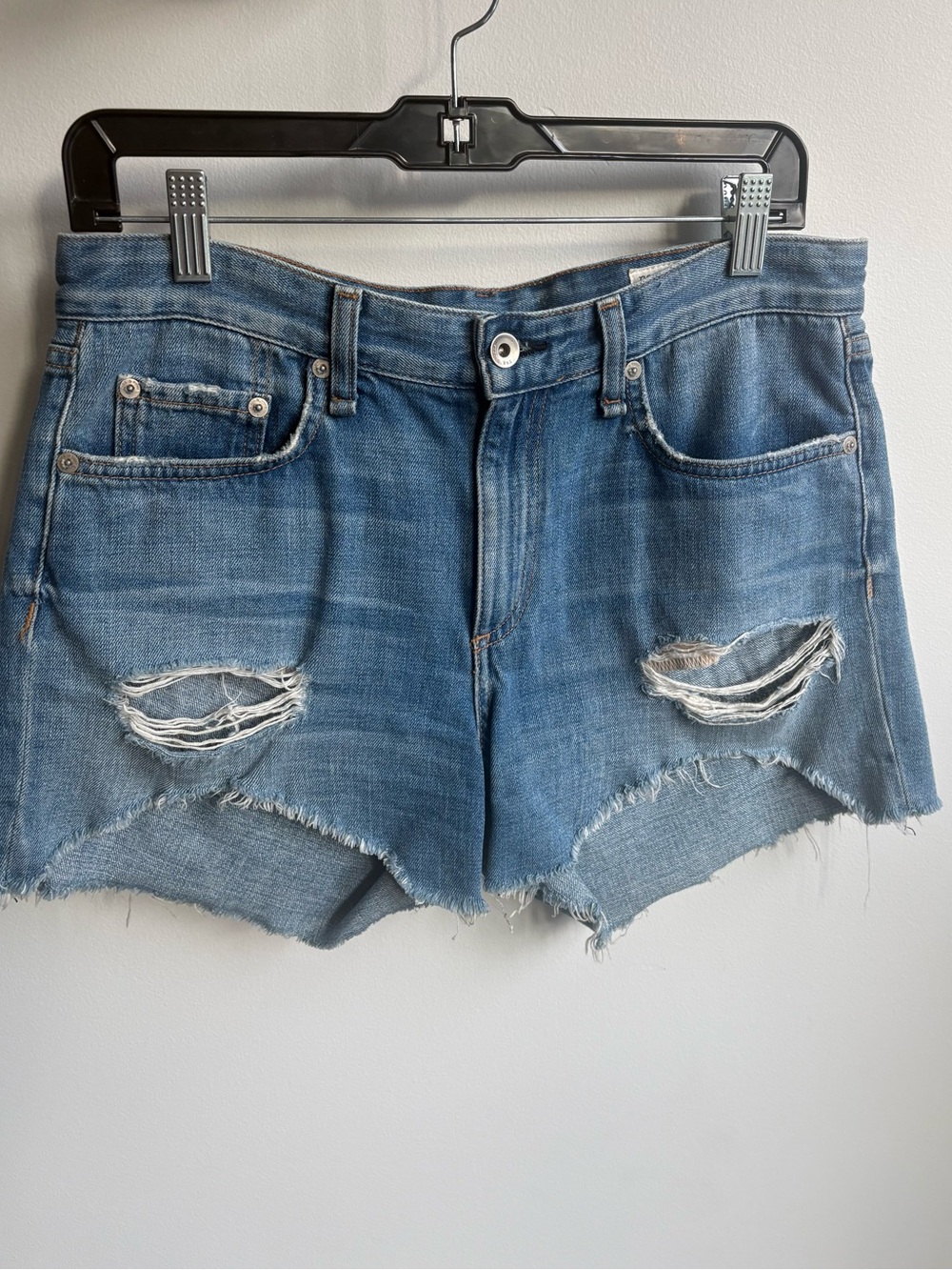 rag & bone Dre low rise light wash distressed raw hem denim shorts